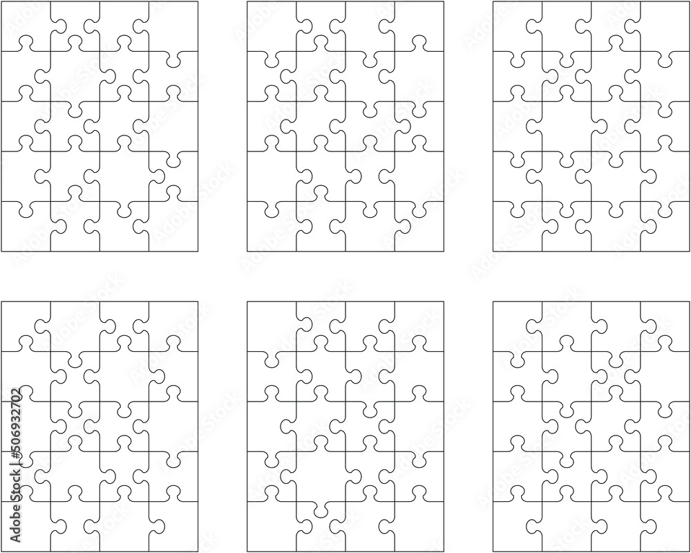 Illustration of six white puzzles, separate pieces Illustration of six white puzzles, separate pieces