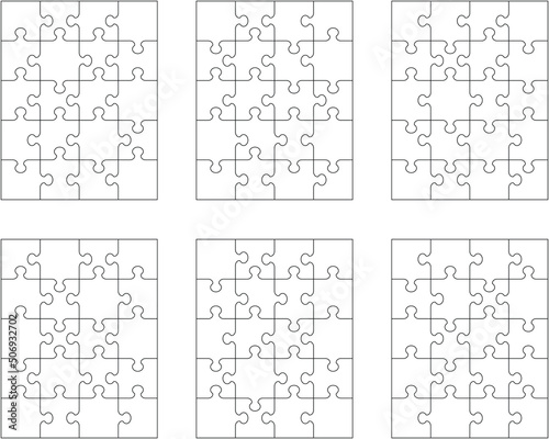 Illustration of six white puzzles, separate pieces 