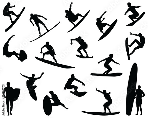 Black silhouettes surfers on a white background