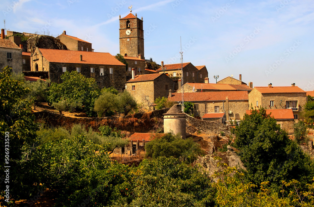 View of the Torre de Lucano tower and the stone houses of the medieval part of Monsanto in western Portugal