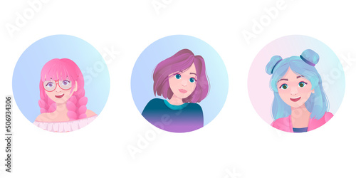 Icons with faces of cute girls. Colorful hair. Cheerful girls with colored hair. Vector illustration isolated on white background.