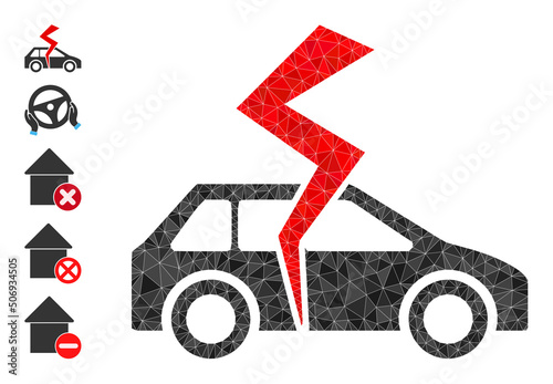 Vector triangulated car destroy icon illustration is designed from random filled triangle parts. Triangle car destroy polygonal 2d vector illustration.