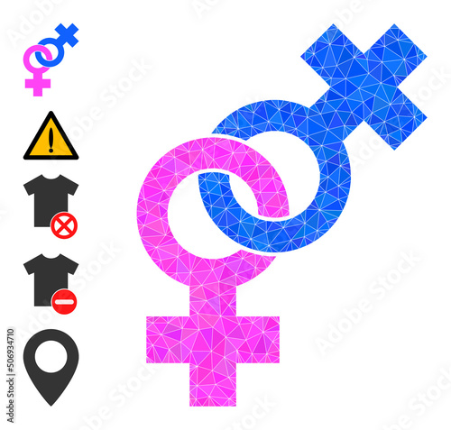 Vector low-poly lesbian pair sign icon illustration is combined with random filled triangles. Triangle lesbian pair sign polygonal 2d vector illustration.