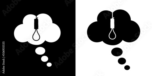 Suicidal ideation - comic thought Bubble with hangman's rope, noose and halter. Depressive adea to kill and commit suicide by hanging. Black and white cector illustration.