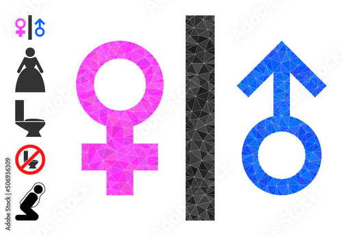 Vector triangulated toilet gender sign icon illustration is designed with random filled triangle parts. Triangulated toilet gender sign polygonal icon vector illustration.