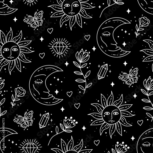 Magic boho symbols seamless pattern. Backdrop of gypsy sacred elements and sign in modern boho style. Minimal line art. Sun, moon, butterfly, crystal