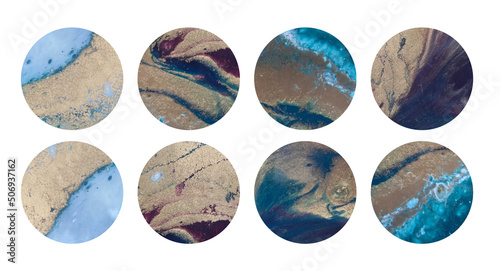 Vector illustration. Highlight covers backgrounds. Set of marble design templates. Ultramarine , white and gold colors. Use as a backdrop for icons, text or your personal design.
