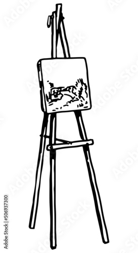 Artist plein air easel clipart. Summer leisure activity doodle clipart isolated on white. Hand drawn vector illustration in engraving style.