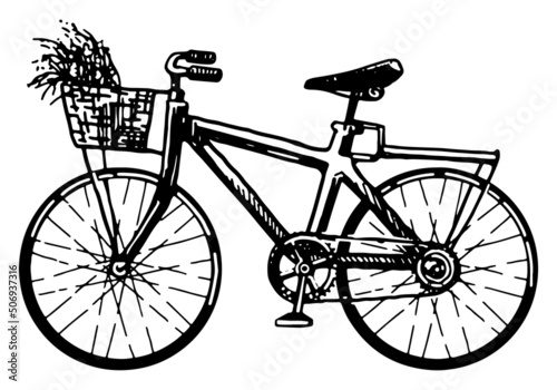 Bicycle with basket of flowers sketch clipart. Summer leisure activities sport doodle isolated on white. Hand drawn vector illustration in engraving style.