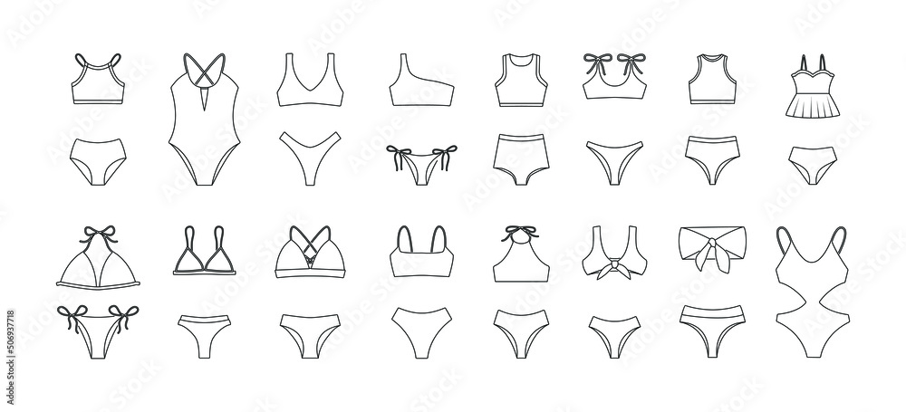 Swimwear women's clothing collection badges vector. Glamor beach suit, women's bikini, underwear for swimming, women's beachwear concept line icons. Monochrome Contour Illustrations