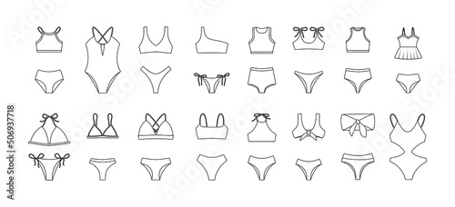 Swimwear women's clothing collection badges vector. Glamor beach suit, women's bikini, underwear for swimming, women's beachwear concept line icons. Monochrome Contour Illustrations