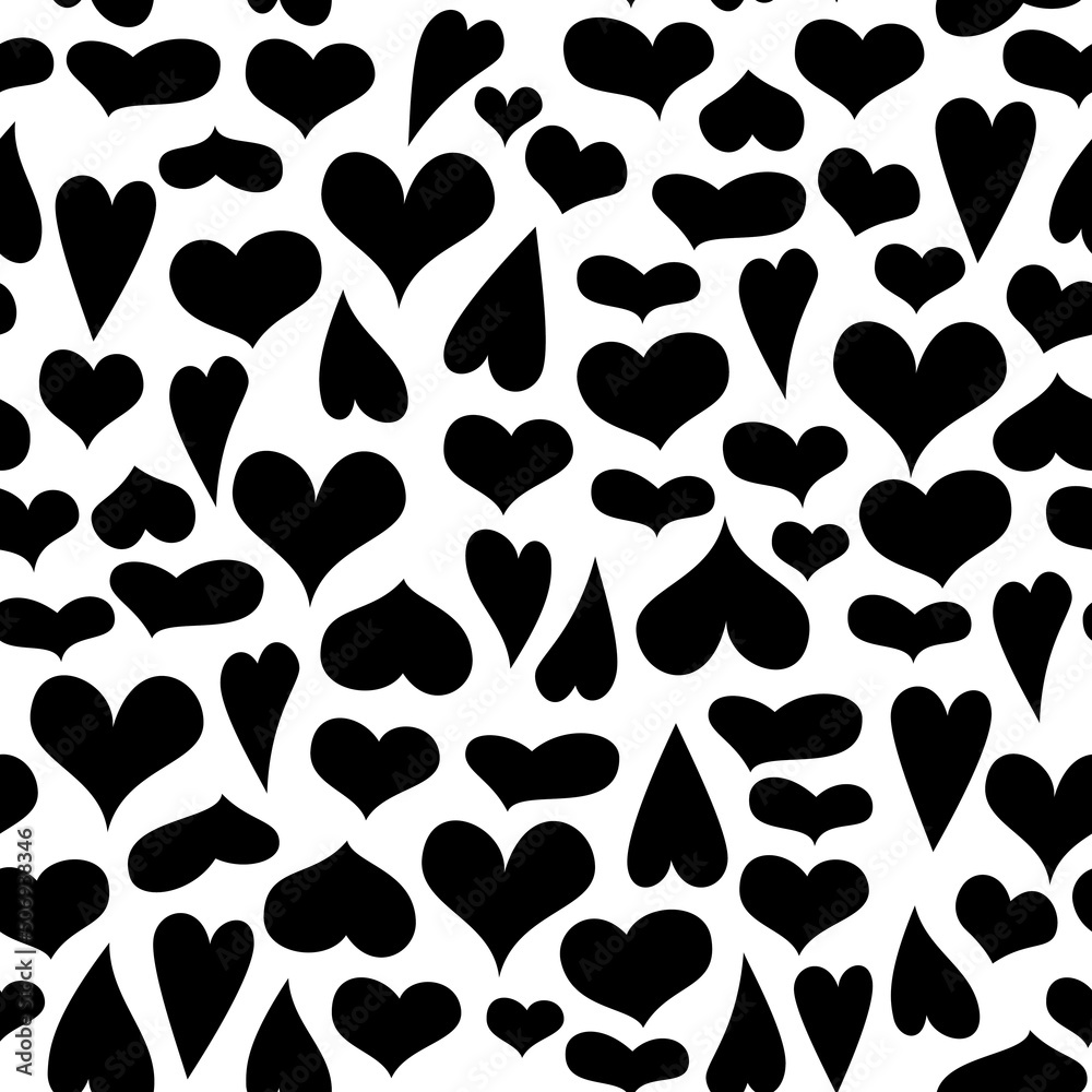 Fototapeta premium Seamless pattern of cute hearts of black colors on a white background. Wallpaper for season decoration, wrapping paper, clothing prints. Vector illustration.