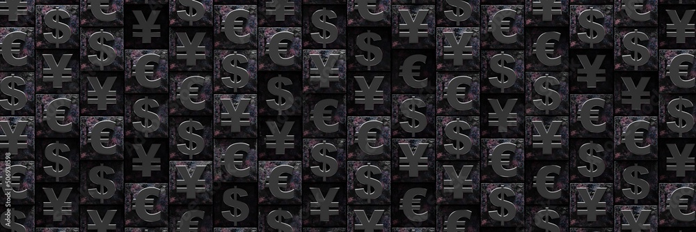 Geometric pattern with a large number of symbols of major world currencies. A business-themed design concept. 3D visualization Geometric pattern with a large number of symbols of major world currencies. A business-themed design concept. 3D visualization