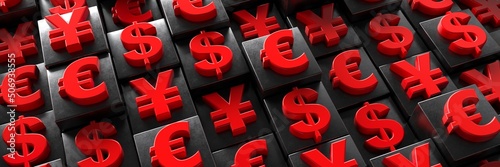 Geometric pattern with a large number of symbols of major world currencies. A business-themed design concept. 3D visualization