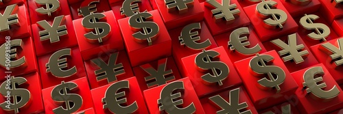 Geometric pattern with a large number of symbols of major world currencies. A business-themed design concept. 3D visualization