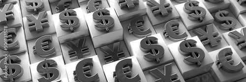 Geometric pattern with a large number of symbols of major world currencies. A business-themed design concept. 3D visualization