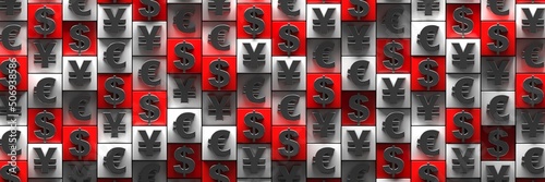 Geometric pattern with a large number of symbols of major world currencies. A business-themed design concept. 3D visualization