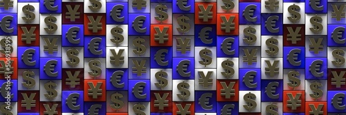 Geometric pattern with a large number of symbols of major world currencies. A business-themed design concept. 3D visualization