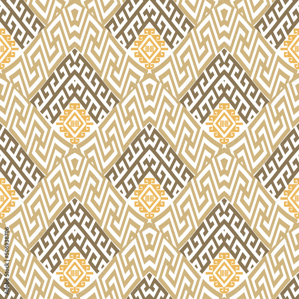 Zigzag seamless pattern. Zig zag lines abstract vector background. Greek golden ornaments with curve meanders, rhombus, zigzag. Tribal ethnic geometric chevron design on white. Endless repeat texture