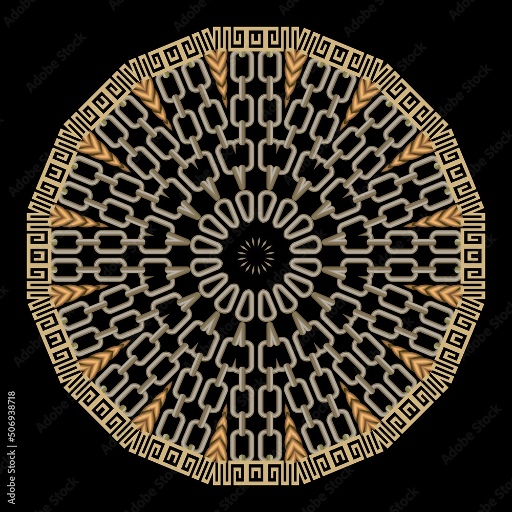 Mandala. Greek pattern with chains, ropes, pigtails. Ornamental colorful trendy vector background. Geometric modern radial ornament. Abstract shapes, circles, frames, borders, greek key, meanders