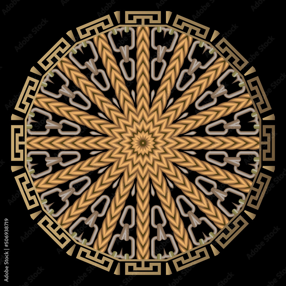Greek mandala pattern with chains, ropes, pigtails. Ornamental colorful trendy vector background. Geometric modern radial ornament. Abstract shapes, circles, frames, borders, greek key, meanders