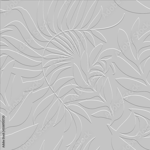 Leafy textured line art tracery 3d seamless pattern. Embossed floral beautiful relief background. Repeat floral white backdrop. Surface leaves, branches. 3d endless ornaments with embossing effect