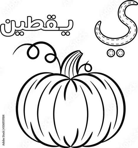 Printable Arabic letter alphabet sketch sheet learning the Arabic letter with pumpkin for coloring