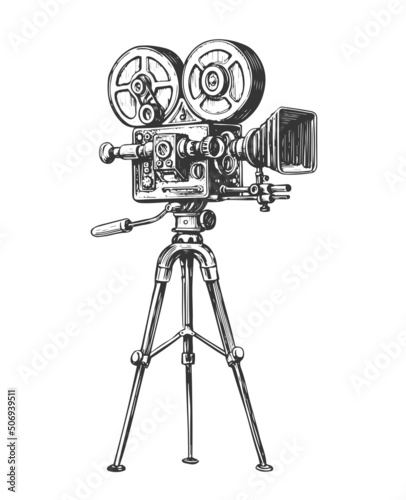 Retro film camera with film on tripods. Hand drawn video camera. Vintage vector illustration