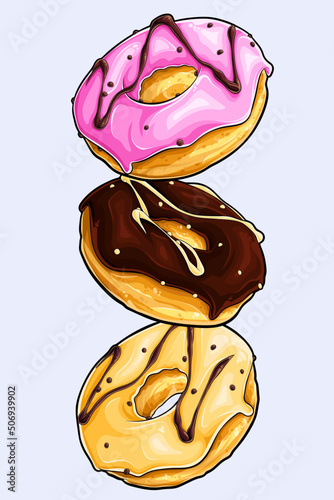 Sweet donuts flying in motion, cartoon vector on blue background