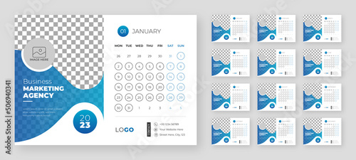 Desktop Monthly Photo Calendar 2023. Simple monthly horizontal photo calendar Layout for 2023 year in English. Cover Calendar and 12 months templates. Week starts from Monday. Vector illustration