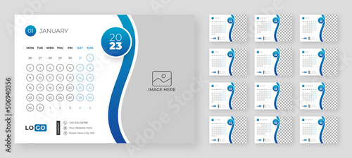 Desktop Monthly Photo Calendar 2023. Simple monthly horizontal photo calendar Layout for 2023 year in English. Cover Calendar and 12 months templates. Week starts from Monday. Vector illustration