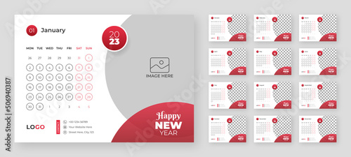 Desktop Monthly Photo Calendar 2023. Simple monthly horizontal photo calendar Layout for 2023 year in English. Cover Calendar and 12 months templates. Week starts from Monday. Vector illustration