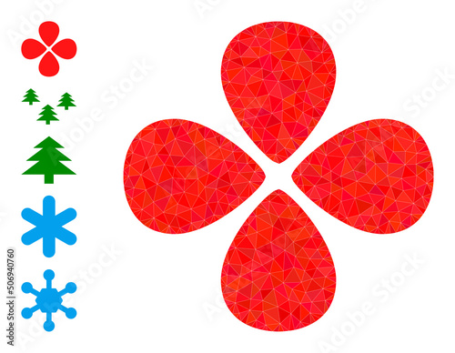 Vector lowpoly petals icon illustration is combined with chaotic filled triangles. Triangulated petals polygonal 2d vector illustration. Flat geometric lowpoly illustration based on petals pictogram.