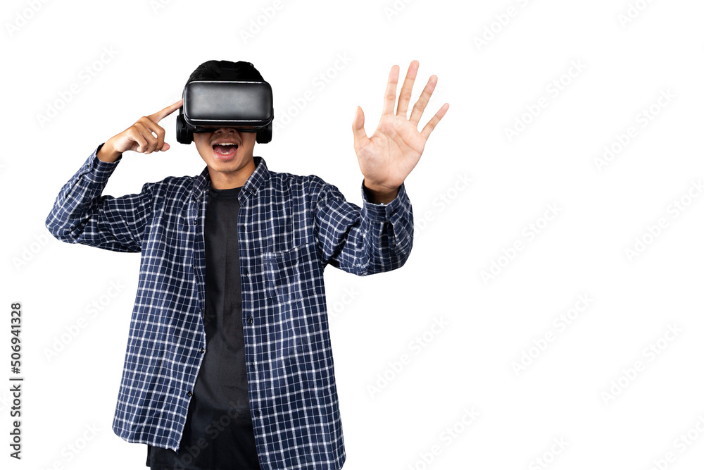 Young man having virtual reality experience using vr headset Young man having virtual reality experience using vr headset