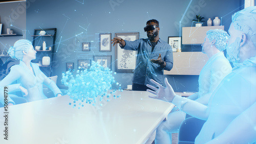 Schilderij op canvas African American man in VR glasses in the cyberspace of the meta universe at a business meeting, discussing artificial intelligence depicted as a hologram with avatars of colleagues