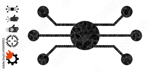 Vector lowpoly circuit node icon illustration is constructed with randomized filled triangle parts. Triangle circuit node polygonal symbol vector illustration.