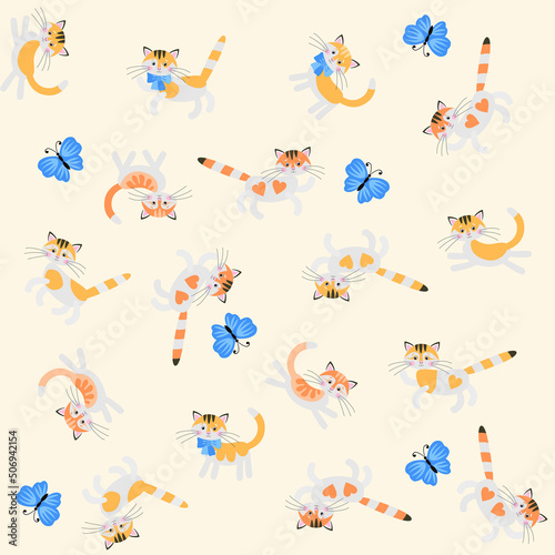Funny kittens and blue butterflies isolated on a white backgroun