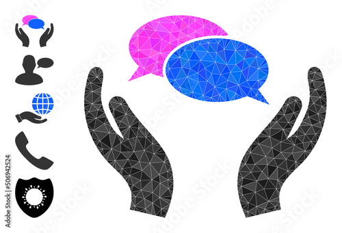 Vector lowpoly conversation care icon illustration is constructed from chaotic filled triangle parts. Triangle conversation care polygonal icon vector illustration.