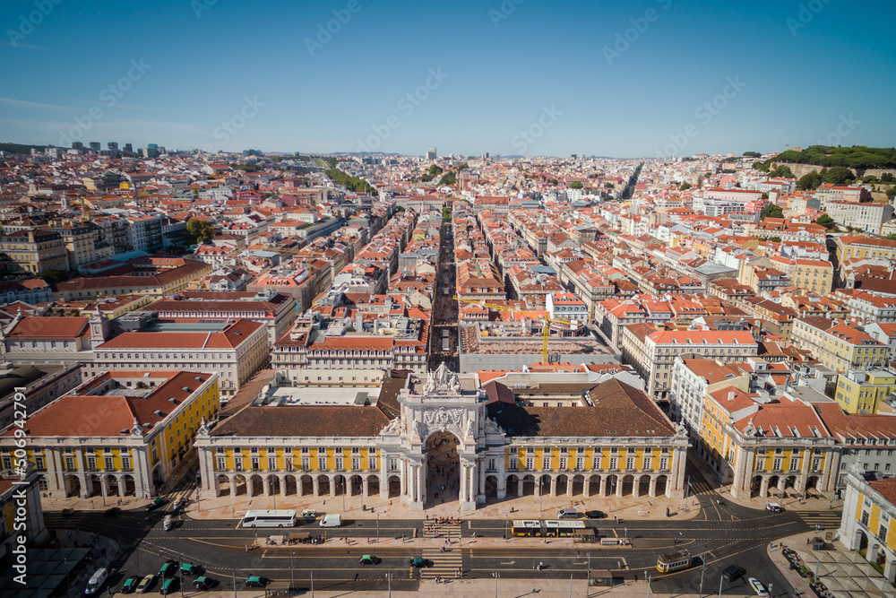 Aerial view of Comercio Square in Lisbon, Portugal.