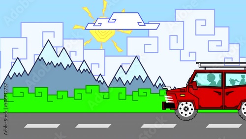 The car drives along the road against the backdrop of a landscape with mountains, clouds and the sun on a blue sky. Looped animation of a drawn cartoon.