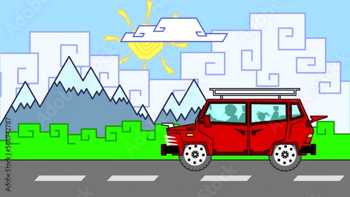 The car drives along the road against the backdrop of a landscape with mountains, clouds and the sun on a blue sky. Looped animation of a drawn cartoon.