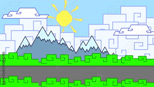 Animated landscape with mountains, clouds and sun on a blue sky. Looped animation of a drawn cartoon.