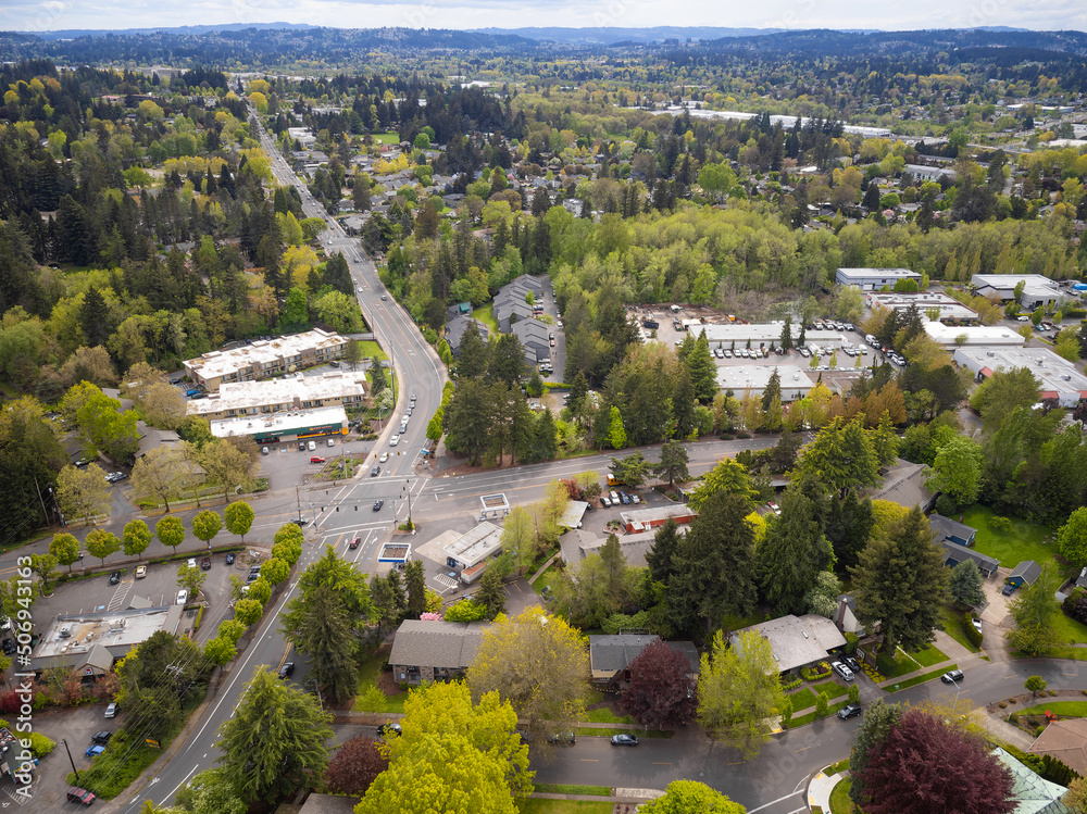 Obraz premium Drone shot. Cozy green town, suburb with developed infrastructure. A mountain range is visible in the distance. Housing issue, comfortable housing, eco-friendly place, mortgage.