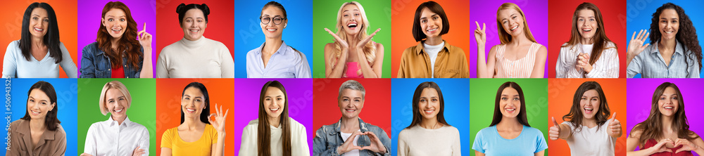 Positive Happy Females Of Different Age And Ethnicity Posing Over Colorful Backgrounds Positive Happy Females Of Different Age And Ethnicity Posing Over Colorful Backgrounds