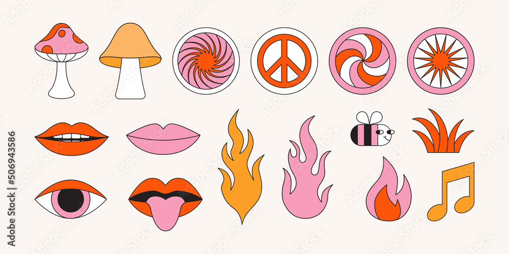Vector illustration in simple linear style - groovy sticker pack - design templates and stickers