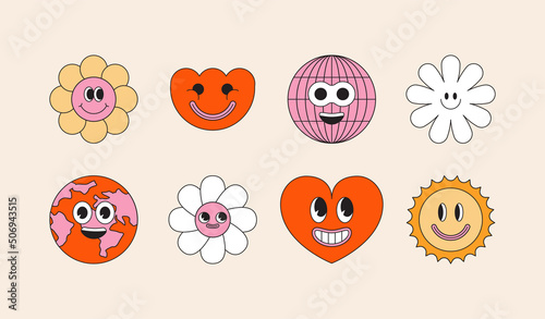 Vector illustration in simple linear style - design templates - hippie, happy and groovy smiley characters