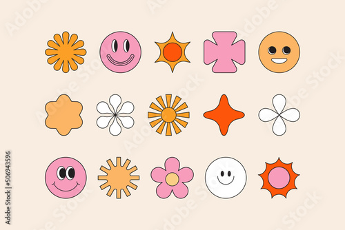 Vector illustration in simple linear style - design templates - hippie, happy and groovy smiley characters
