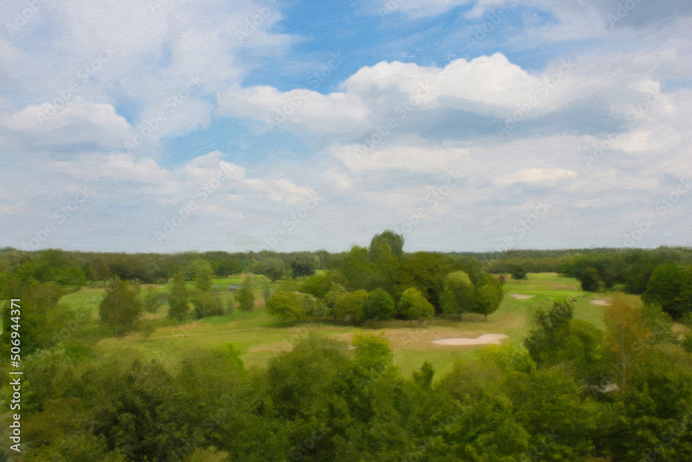 Top view of golf course landscape with sand traps and dense vegetation, oil on canvas filter effect
