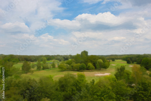 Top view of golf course landscape with sand traps and dense vegetation  oil on canvas filter effect