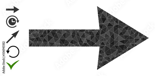 Vector triangulated right arrow icon image designed with chaotic filled triangles. Triangulated right arrow polygonal icon vector illustration.